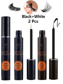 2pcs Black & Transparent Eyelash Glue 6ml, Super Strong Hold Long-Lasting Lash Adhesive, Gentle & Non-Irritating For Sensitive Eyes, Suitable For Cluster & Strip False Eyelashes DIY - Black and White - View 2