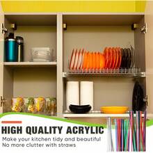 Straw Holder For Cabinet Transparent Acrylic Straw Organizer With Adhesive Tape & Stickers, Straws Storage Container For Cabinet Door, Straws Dispenser For Counter Cupboard Home Kitchen Cafe