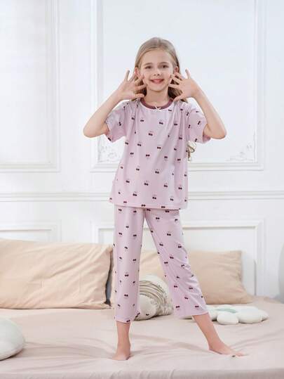 2Pcs Cartoon Strawberry Print Girl's Pajama Set Summer Soft Cotton Pajamas Long Sleeve Top And Pants Sets Sleepwear For 7-12 Years Old Kids Homewear