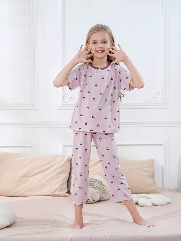 2Pcs Cartoon Strawberry Print Girl's Pajama Set Summer Soft Cotton Pajamas Long Sleeve Top And Pants Sets Sleepwear For 7-12 Years Old Kids Homewear