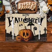 1/4/6 Stücke Halloween Serie mit gestreiften, Geister- und Kürbisdruck dekorative Tischsets/Untersetzer, 100% Leinen, handwaschbar - ideal für Esstische, Restaurants, Geburtstag & Party Dekoration, Heimdekoration