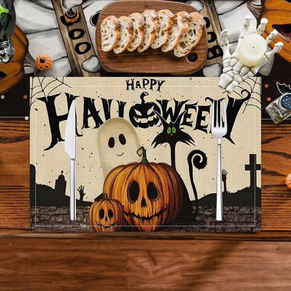 1/4/6pcs Halloween Series Striped, Ghost, Pumpkin Printed Decorative Placemats/Coasters, 100% Linen, Hand Washable - Ideal For Dining Tables, Restaurants, Birthday & Party Decorations, Home Decor
