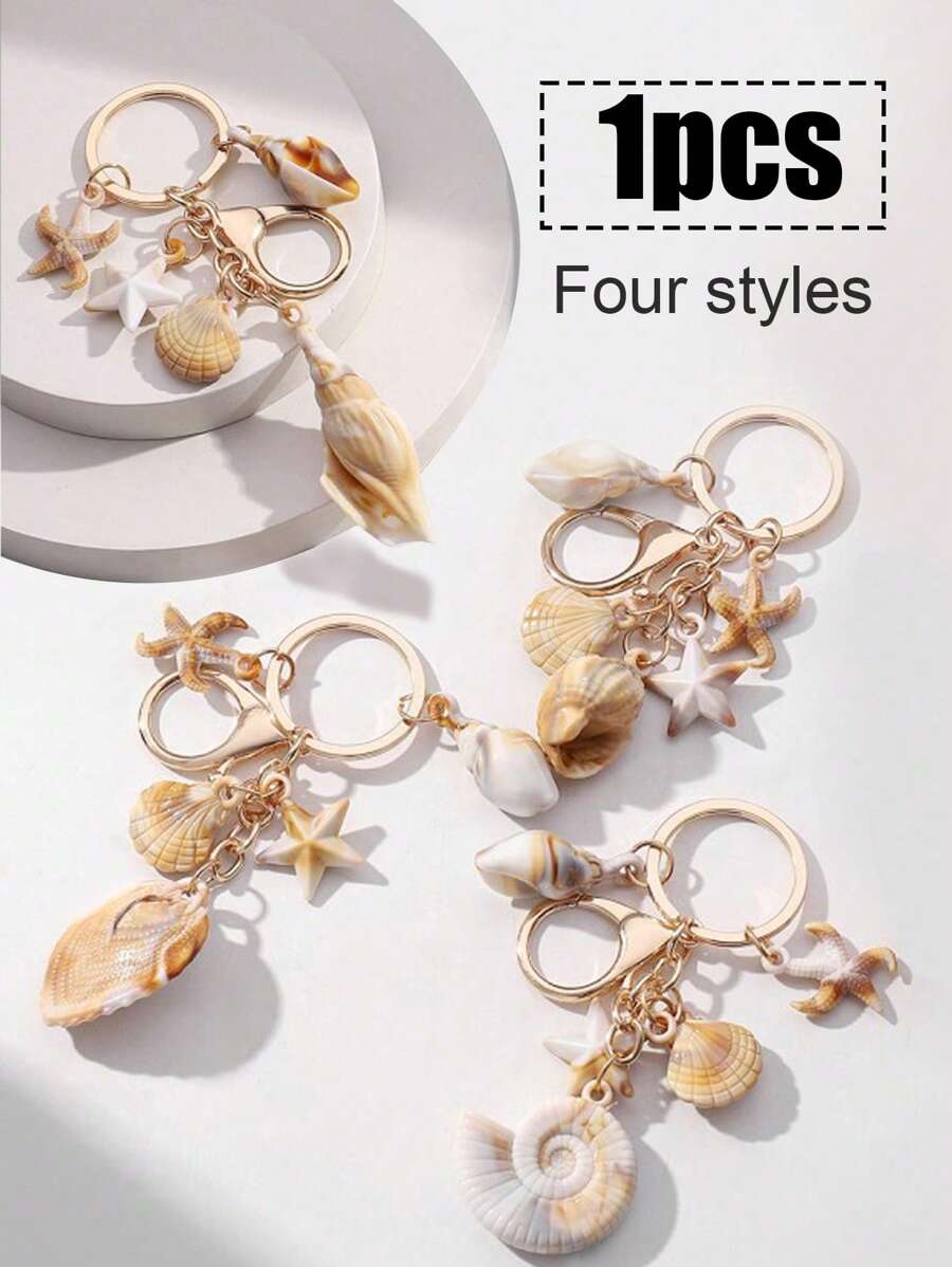 1 Pieza Llavero unisex de concha natural de dos tonos con colgantes de nube, estrella de mar y concha de trompeta. Serie de playa de verano, gran regalo para amigos, accesorios de llavero, llaveros para mujeres, pequeños regalos, regalos para ella, accesorios de coche de escuela, gótico lindo Y2k