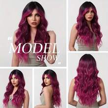 26-30 Inch Rose Pink Ombre Wig For Women - Curly Synthetic Hair With Bangs & Rose Mesh Cap, Heat-Resistant For Daily Wear & Themed Parties - Purple - View 3