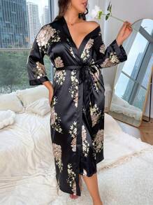 1pc Plus Size Women Floral Print Elegant Loose Belted Robe, Comfortable Fabric Sleepwear Suitable For Overweight/Obese Group, Suitable For Spring, Summer, Autumn, Winter Home/Sleep Use ,Vacation