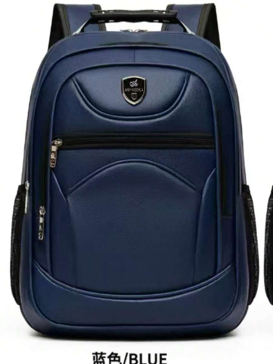 Men's Backpack With Iron Handle Genuine Leather, Suitable For Laptop, School, Business, Formal, Random Style, Faux Leather Backpack - Blue - View 1