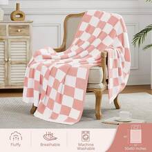Downluxe Checkered Blanket Twin Size, 60x80 Inch Warm Lightweight Comfy Knitted Blanket, Ultra Cozy Twin For Bed/Sofa/Camping/Picnic (Sage Green) - 格紋粉紅色 - 查看 10