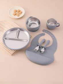 6PCS Print On Demand Silicone Bib Stainless Steel Cup Spoon Fork Sets Self Feeding Training Bowl Plate With Suction Base Tableware Sets, Shower Gift, Led Weaning, Personalized Gift - Multicolor - View 11