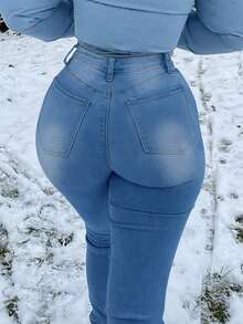 Rave Y2K High Waist Elastic Fitted Cargo Skinny Jeans, Slant Pocket Design, Suitable For Daily Wear - Blue - View 6