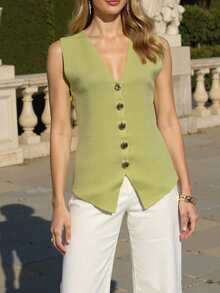 Women's Fashionable Button Knitted Vest Style Casual Short Cardigan, Spring/Autumn - Light Green - View 5