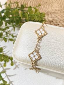 Stylever 1 件可爱花卉手链女士珠宝女士 925 纯银优雅链式手链精美珠宝礼物送给姐妹友谊 - 四葉草 - 查看 2