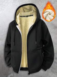 Men's Fashionable Casual Multi-Function Warm Hooded Zip-Up Jacket, Sherpa Lining Casual Hoodie Jacket, Thick Sherpa Full Zip Hooded Sweatshirt, Suitable For Autumn/Winter, Warm Long Sleeve, Men's Warm Wear, Winter Clothing, Black Hoodie