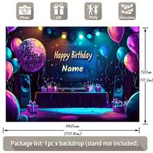 1 件可定制名称 DJ 迪斯科主题生日快乐背景布彩灯气球聚光灯图案设计适用于迪斯科舞会生日派对蛋糕装饰摄影横幅 - 彩色 - 查看 5