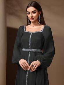 Women's Elegant Sequin & Ribbon Patchwork Lantern Sleeve Dress, Spring & Summer - Black - View 7