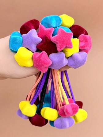 10个彩色星星、球形和心形发圈，高弹力植绒糖果色发饰，牢固不伤发，适合秋冬季日常佩戴，发圈、发绳、发饰、马尾发圈、发圈、橡皮筋、运动服、发绳