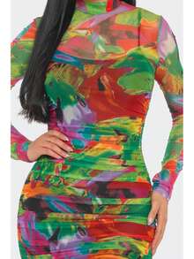 Kaleidoscope Print Mesh Ruched Midi Dress  All Over Print    Elegant    Ruched  Zipper  Sheer    Stage & Concert - 綠色 - 查看 4