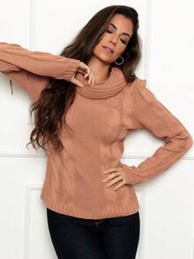 Knitted Blouse Boba Collar High Neck Blogger Braids - 裸體 - 查看 5