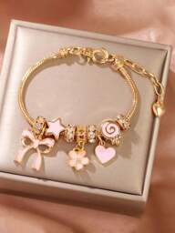 1pc Cute Bow, Candy, Heart, Star, Lollipop Decor Handmade Bracelet, Fashionable Design, Gift Bracelet, Pink Beaded Adjustable & Detachable Bracelet For Women