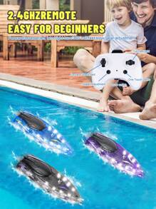 1 pieza Barco de control remoto, barco RC de acrobacias con luces 2.4GHz, puede realizar trucos como volteos, giros, movimiento hacia adelante en el agua, barco de acrobacias con volteo de 360° y luces LED, adecuado para piscinas y lagos, batería recargable modular, juguete regalo para niños y adultos, cumpleaños, vacaciones, regalo de Navidad para niños y niñas