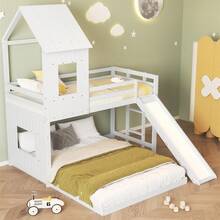 Sairedel Bunk Bed With Slide, House Bed, Children's Bed, With Gate, With Window And Roof, With Three-Step Ladder, Pine + MDF, White, 90x200cm & 140x200cm - 白色 - 查看 7