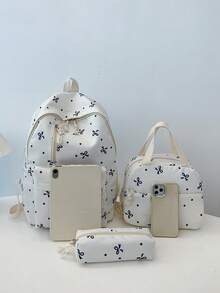 3 Pcs Fashionable Preppy Bow Print Backpack Set,Backpack&Lunch Bag&Pencil Case,With Laptop Compartment Bookbag,Adjustable Strap Bookbag Set,Multi Pockets High-Capacity School Bag Set Multifunctional Daypack Set Idea For Girls/Teens/College Students/Graduate/Graduate For Daily Use/Vacation/Travel/Back To School