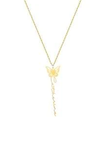 Customized Cute Butterfly Name Necklace For Women, Stainless Steel Butterfly Pendant Necklace With Personalized Vertical Cursive Letter, Handmade Jewelry Gift For Girlfriend, Birthday, Holiday - Gold - View 6