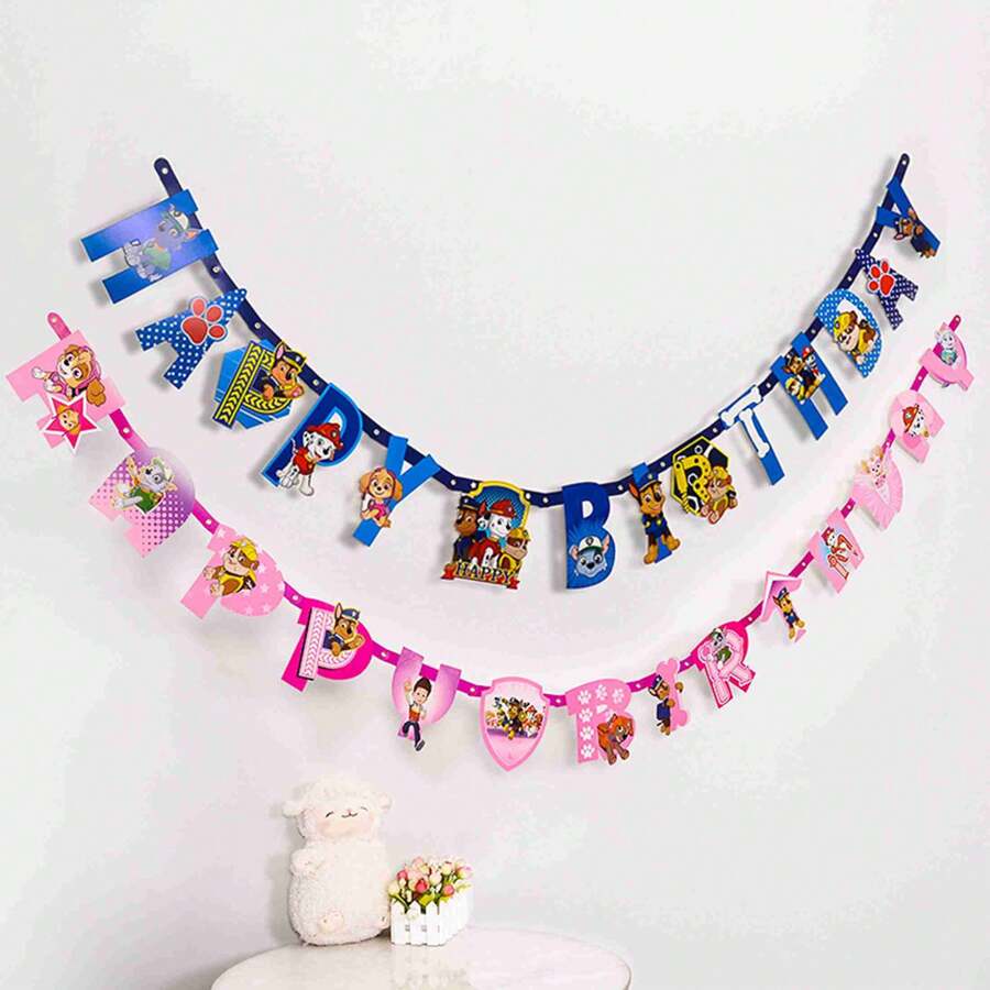 Paw Patrol 1 pezzo Bandierina di carta a tema festa a tema Pattuglia Cani, con scritta "Woof Team" e "Happy Birthday", decorazione per festa di compleanno a tema cani, accessori per decorazione festa di compleanno (stile casuale)