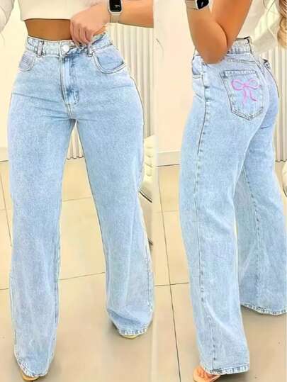 Women's Pocket Straight Loose Casual Versatile Jeans Spring