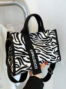New Fashion Women's Zebra Print Letter Decor Handbag, Lightweight And Portable, Casual Versatile, Suitable For Travel And Shopping - Black - View 1