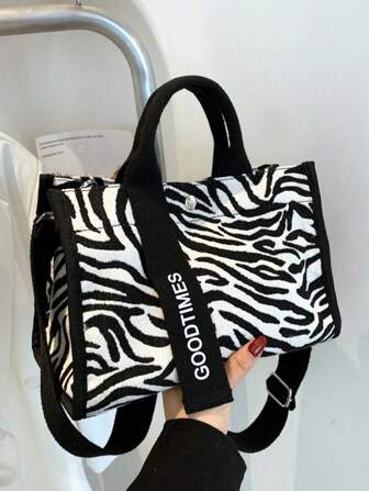 时尚新款女士斑马纹图案字母印花装饰手提单肩包轻便便携休闲女包手提包适合旅行购物