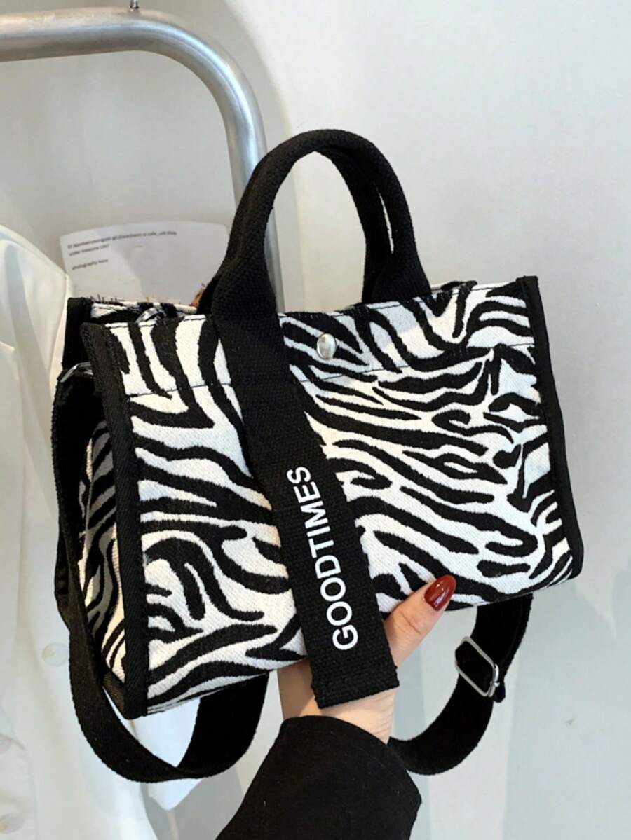 New Fashion Women's Zebra Print Letter Decor Handbag, Lightweight And Portable, Casual Versatile, Suitable For Travel And Shopping - Black - View 1