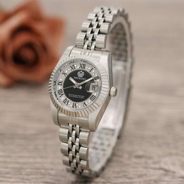 PROKING 100% Genuine Ladies Watch With Shell Dial, Elegant And High-End, Waterproof Business Style With Roman Numerals, Stainless Steel Calendar Quartz Watch, Suitable For Daily Wear, Best Choice For Birthday Gift