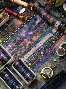 12/6rolls/Box Galactic Splendor Star Washi Tape, Scrapbook Supplies Tape Dispenser Washi Tape, Starry Sky Bronzing Washi Tape Set With Dream Planet Design(0.59*78.74in) School Supplies, Back To School
