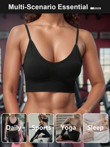 1pc High-Elastic Ribbed Yoga Bra, Shockproof Seamless Fitness Crop Top With Adjustable Straps, Breathable Open Back Sports Bra