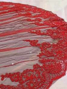 欧式黑色蕾丝长拖尾新娘披肩情人节配饰 - 紅色 - 查看 3