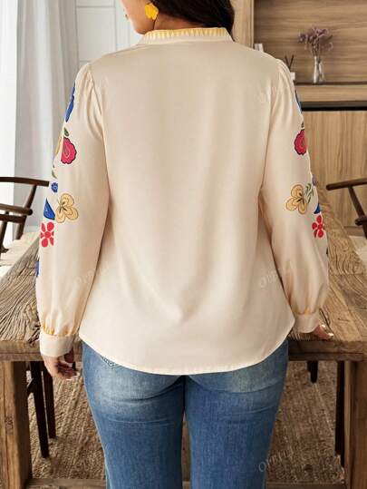 Blusa suelta con mangas de farol y estampado floral para mujer de talla grande
