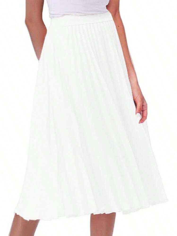 Women's High Waist Pleated Skirt A Line Swing Midi Skirt - Ivory - View 2