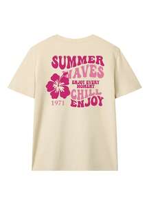 Summer Waves 新款花卉字母印花休闲圆领短袖粉色 T 恤，时尚日常穿着和节日必备