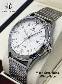 Pablo Raez 1pc Original Men's Vintage Watch Stainless Steel Summer Beach Accessories Luxury Watch 50m Waterproof Simple Jewelry Calendar Clock Men Steel Bracelet Chain No Fading Silver Jewelry Brand New Casual Fashion Charming Quartz Men's Watch Luminous Hands Roman Numerals And Bar Markers Black Premium Business Watch