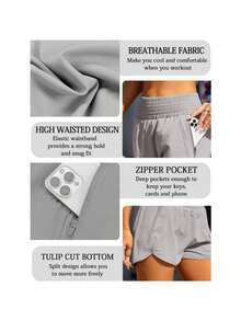 Women'S Athletic Running Shorts, Workout Gym, Elastic Waist Quick Dry Sports Shorts, High Waisted Yoga Workout Shorts With Mesh Liner Zipper Pockets - 淺灰紫 - 查看 3