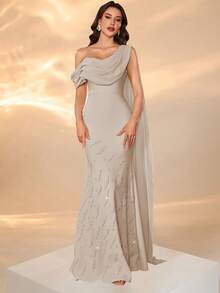 Woman's Plunging Neckline Sleeveless Dress With Long Ribbons, Pleated Bust, Solid Color, Body-Hugging, Exquisite Rhinestone Embellished Elegant Gown (Random Rhinestone Direction) With Back Tie And Mini Fish Tail Hem - Apricot - View 9