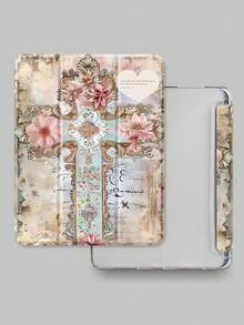 精美花朵字母十字图案透明硅胶减震支架，带笔槽，适用于 Galaxy Tab A8 10.5、S6 Lite 10.4、S7/S8/S9 英寸。支持睡眠唤醒，可作为节日礼物