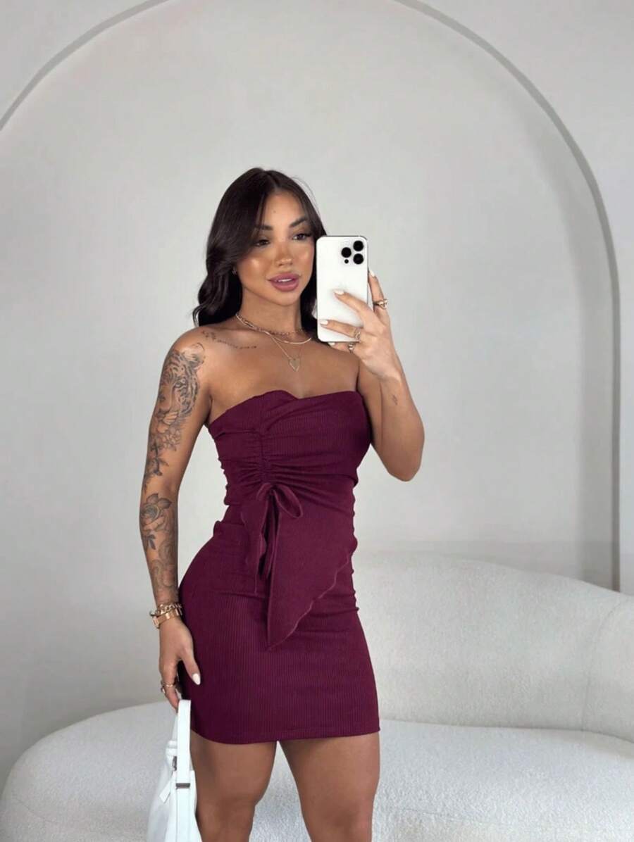 Di Boutique Chic Women's Sets Plain Casual Basic Comfort Curve Model Elegant Chic Strapless Gathered Side Short Skirt High Waist Fashion New Summer Launch - 酒紅色 - 查看 1