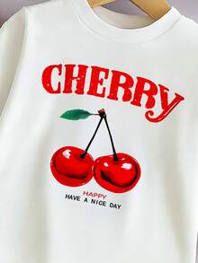 Conjunto de camiseta de manga larga con estampado de cerezas y pantalones rectos a cuadros rojos y blancos para niñas, otoño - Beis - Ver 4