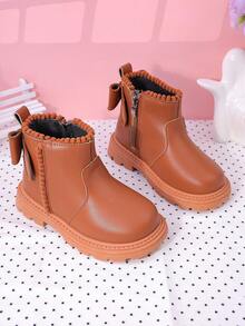 时尚新款儿童蝴蝶结靴，儿童高帮休闲平底踝靴，适合女童 - 棕色 - 查看 8