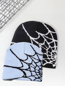 1pc/2pcs Halloween Spider Web Beanie Jacquard Knit Hat, Suitable For Back To School, Travel, Party, Casual, Daily Wear, Holiday Fall Outfit - Multicolor - View 9