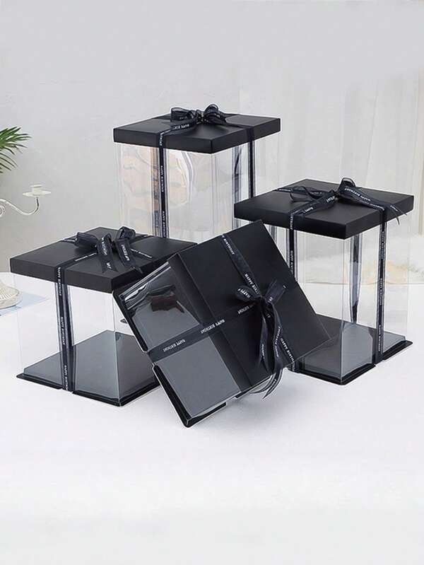 1pc Party Holiday Gift Packaging Box, Thick PET Material 1-Layer, 2-Layer, 3-Layer Gift Storage Box (Includes 1pc Random Black Ribbon), Suitable For Birthday Party, Wedding Cake, Pastries, Floral Bouquets, Collectibles, Snacks, Gifts, Halloween, Christmas, Valentine's Day, Mother's Day, Thanksgiving