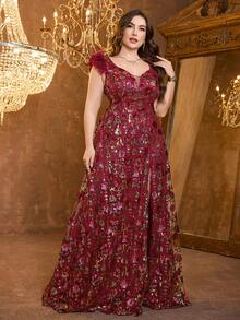 SUPGIR Plus Women's [Random Print] Sweetheart Neckline Backless Slim-Fitting Sequin Patchwork Slit Evening Dress - Burgundy - View 6