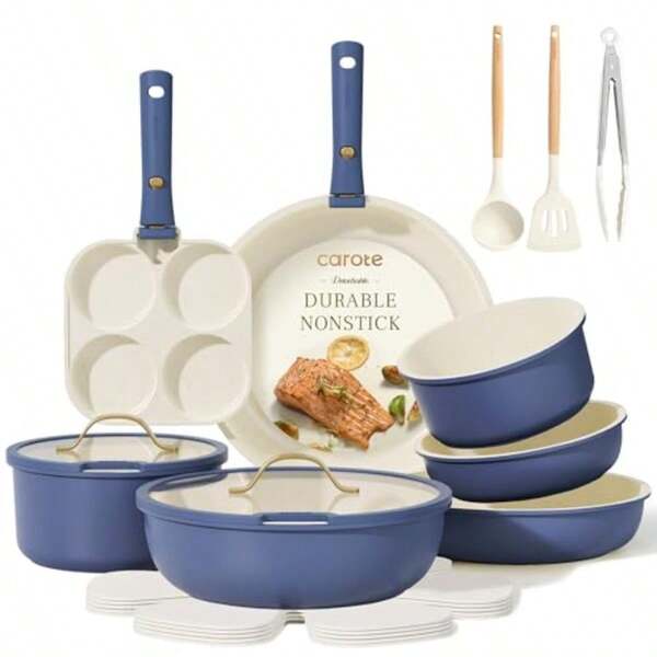 19pcs Pots And Pans Set Nonstick Cookware Set Detachable Handle Induction Kitchen Cookware Sets Non Stick With Removable Handle RV Cookware Set Gold And Blue