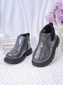 时尚新款婴儿靴，适合幼儿/大童的儿童靴，高帮女童踝靴，带侧拉链，平底休闲亮面皮革短靴 - 黑色 - 查看 3